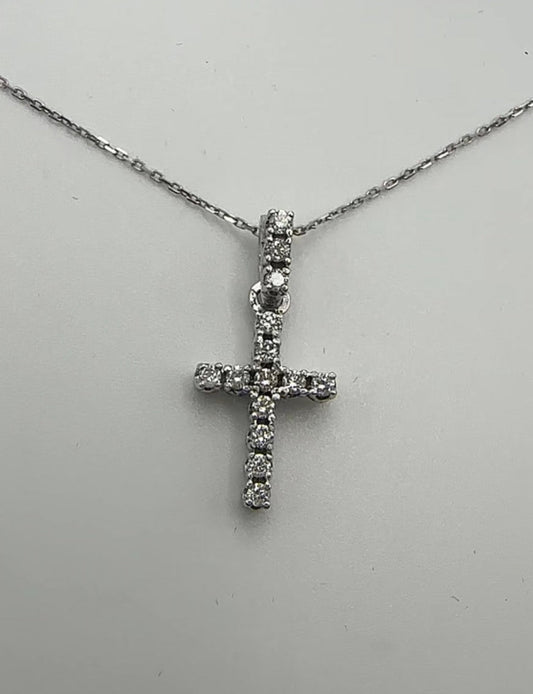 Diamond Cross Pendant with Three Stones on Shank - 14k White Gold - Natural Diamonds