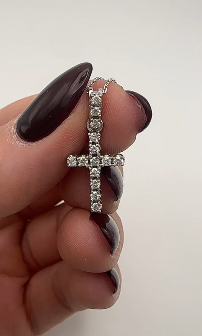 Diamond Cross Pendant with Three Stones on Shank - 14k White Gold - Natural Diamonds