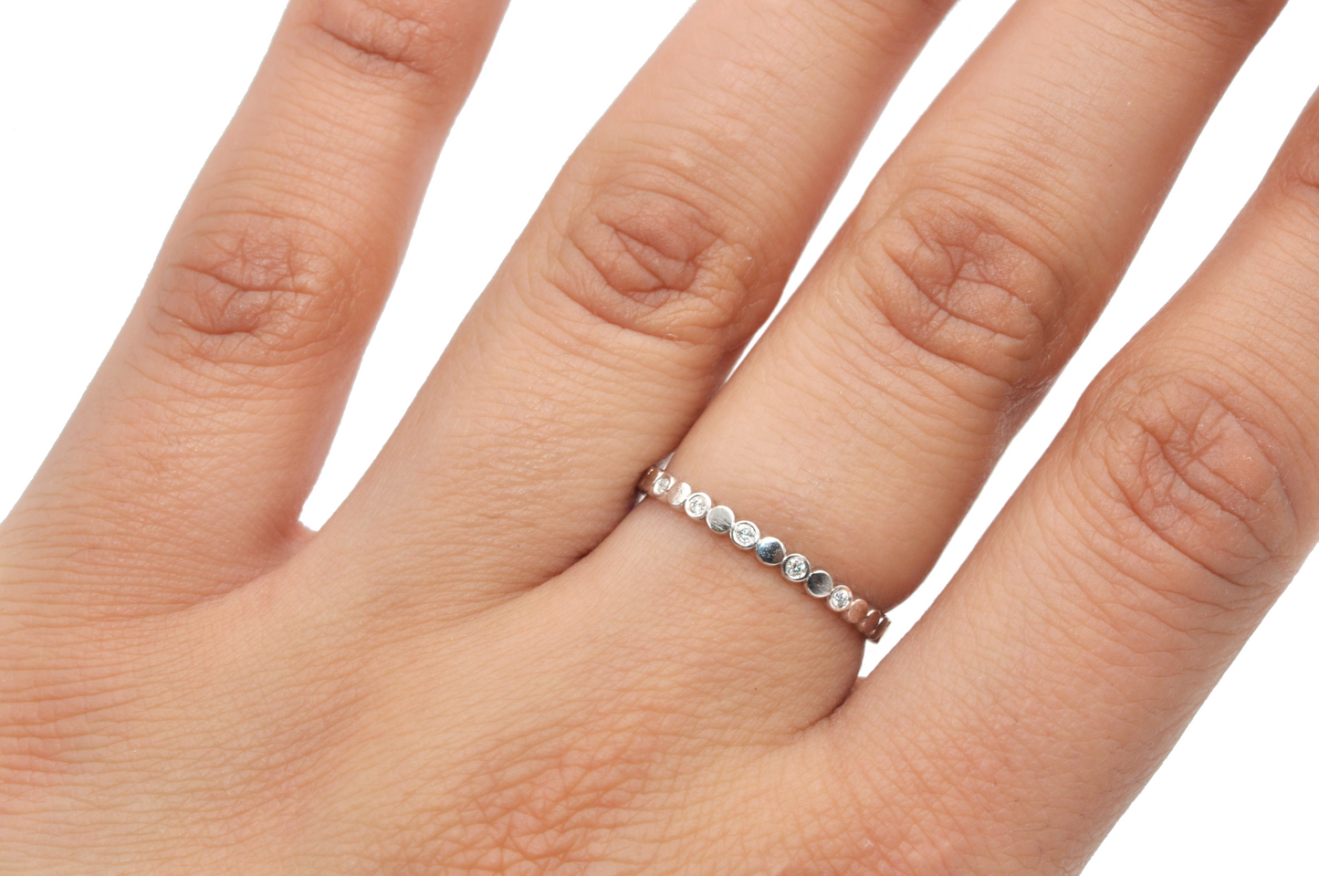 Dainty White Gold Stackable Small Circle Ring with Accent Diamonds