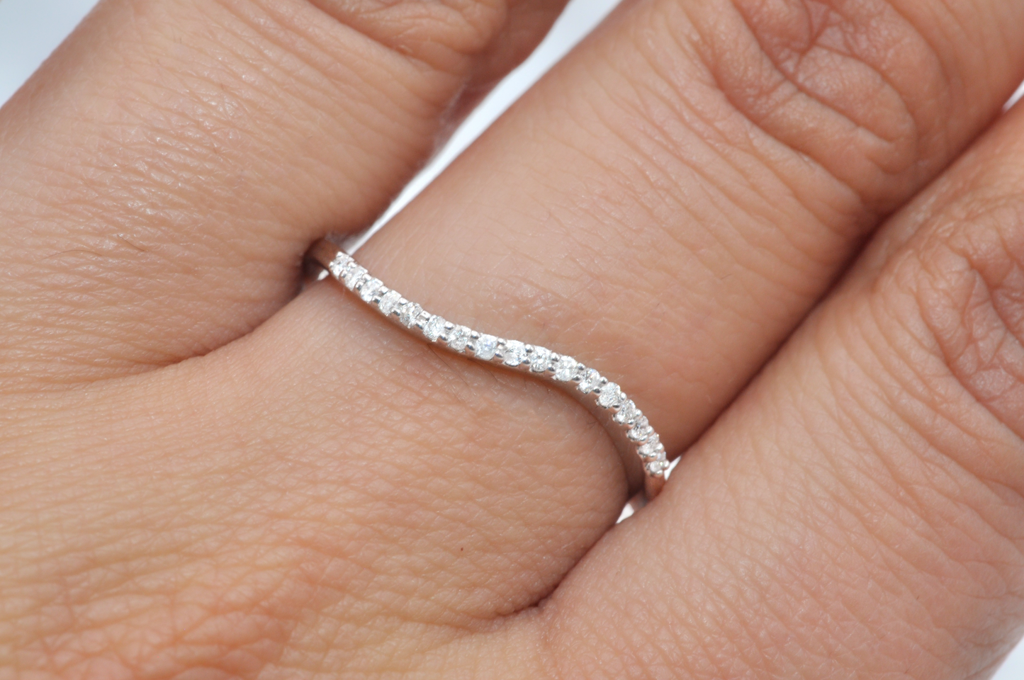 Thin White Gold Swirl Stackable Ring with Diamond Accents