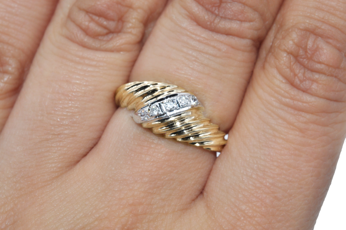 Yellow Gold Dome Croissant Ring with Diamond Accents
