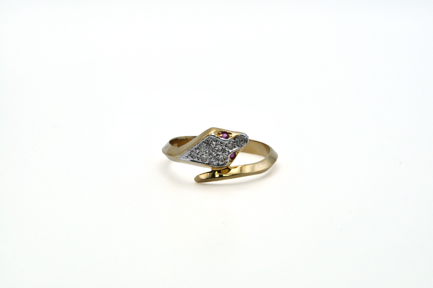 Yellow Gold Snake Ring with Diamond and Ruby Accents