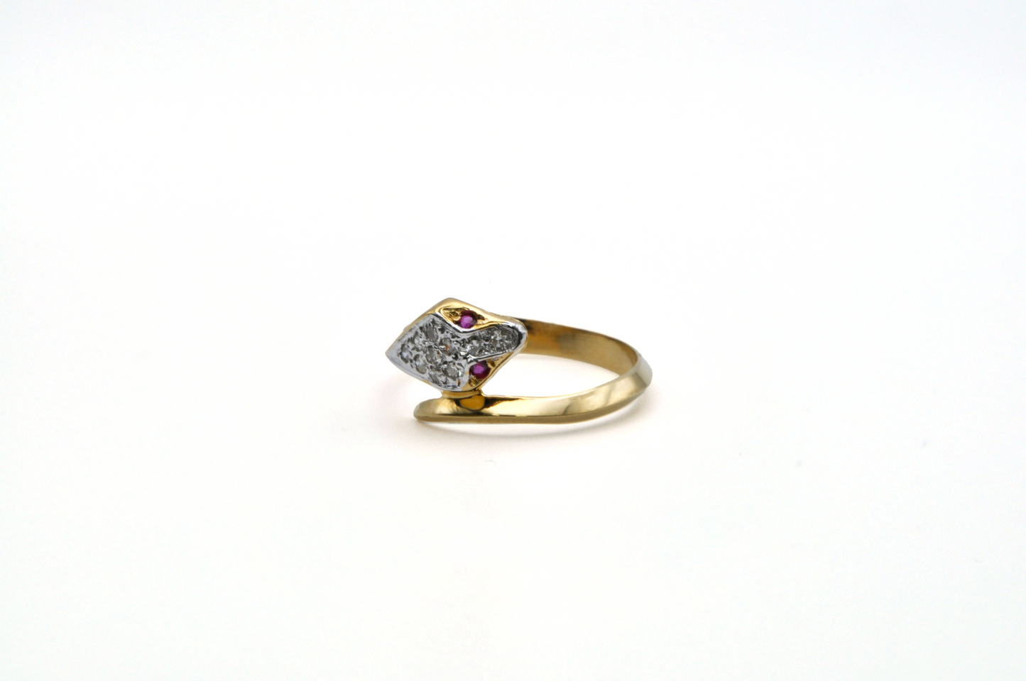 Yellow Gold Snake Ring with Diamond and Ruby Accents