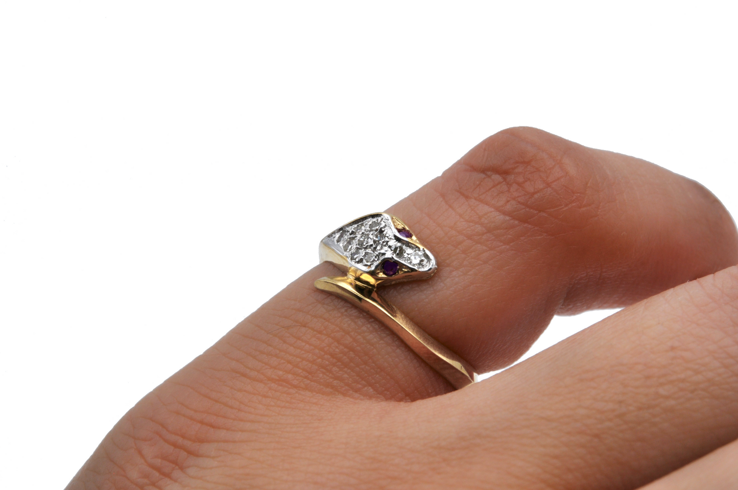 Yellow Gold Snake Ring with Diamond and Ruby Accents