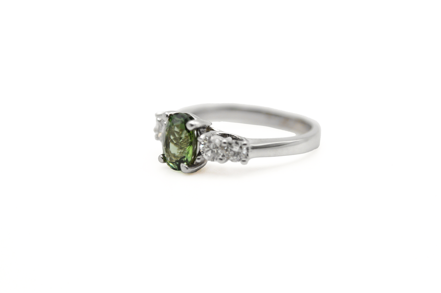 White Gold Green Sapphire Ring with Diamonds Side Stones