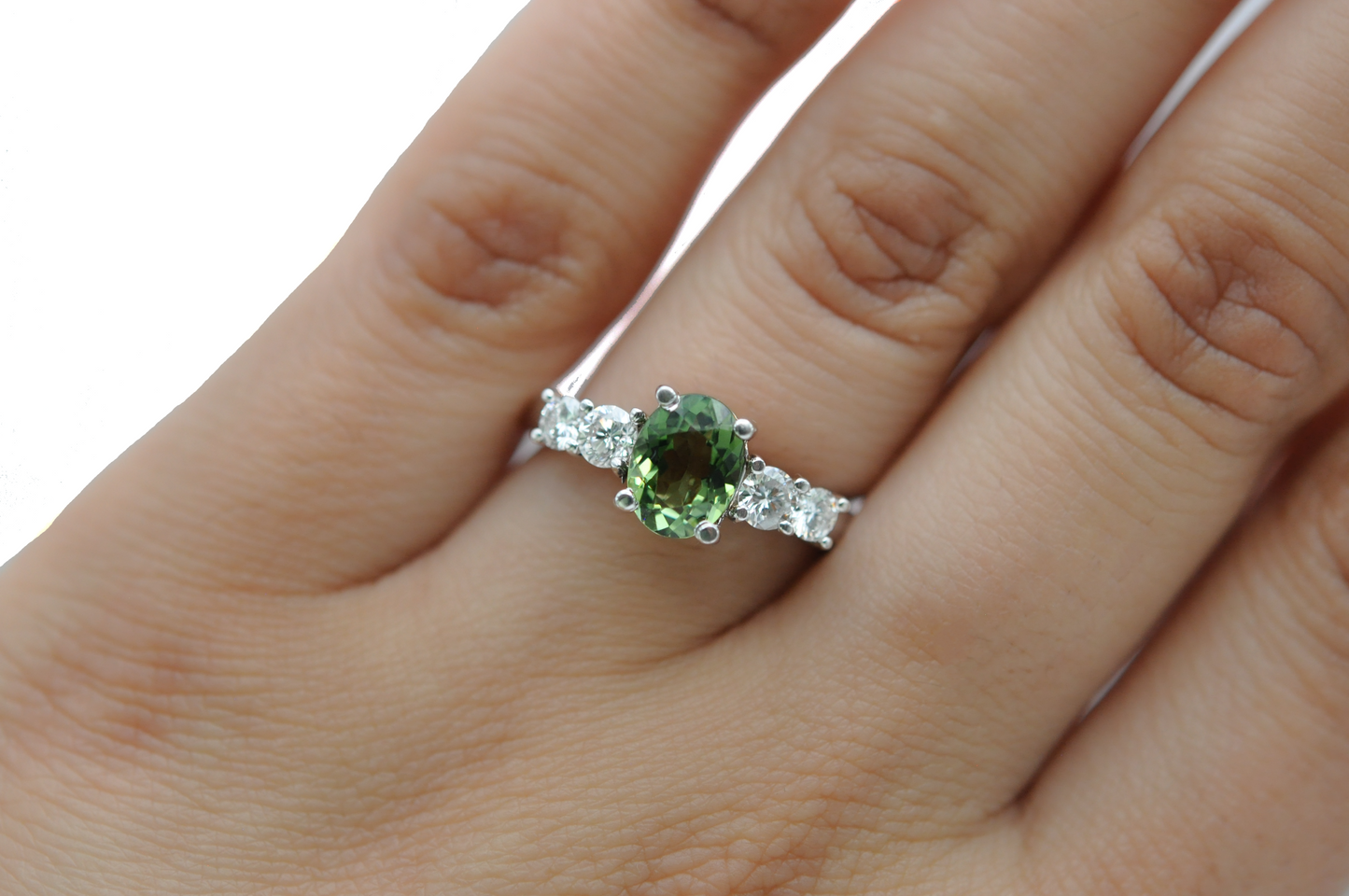White Gold Green Sapphire Ring with Diamonds Side Stones