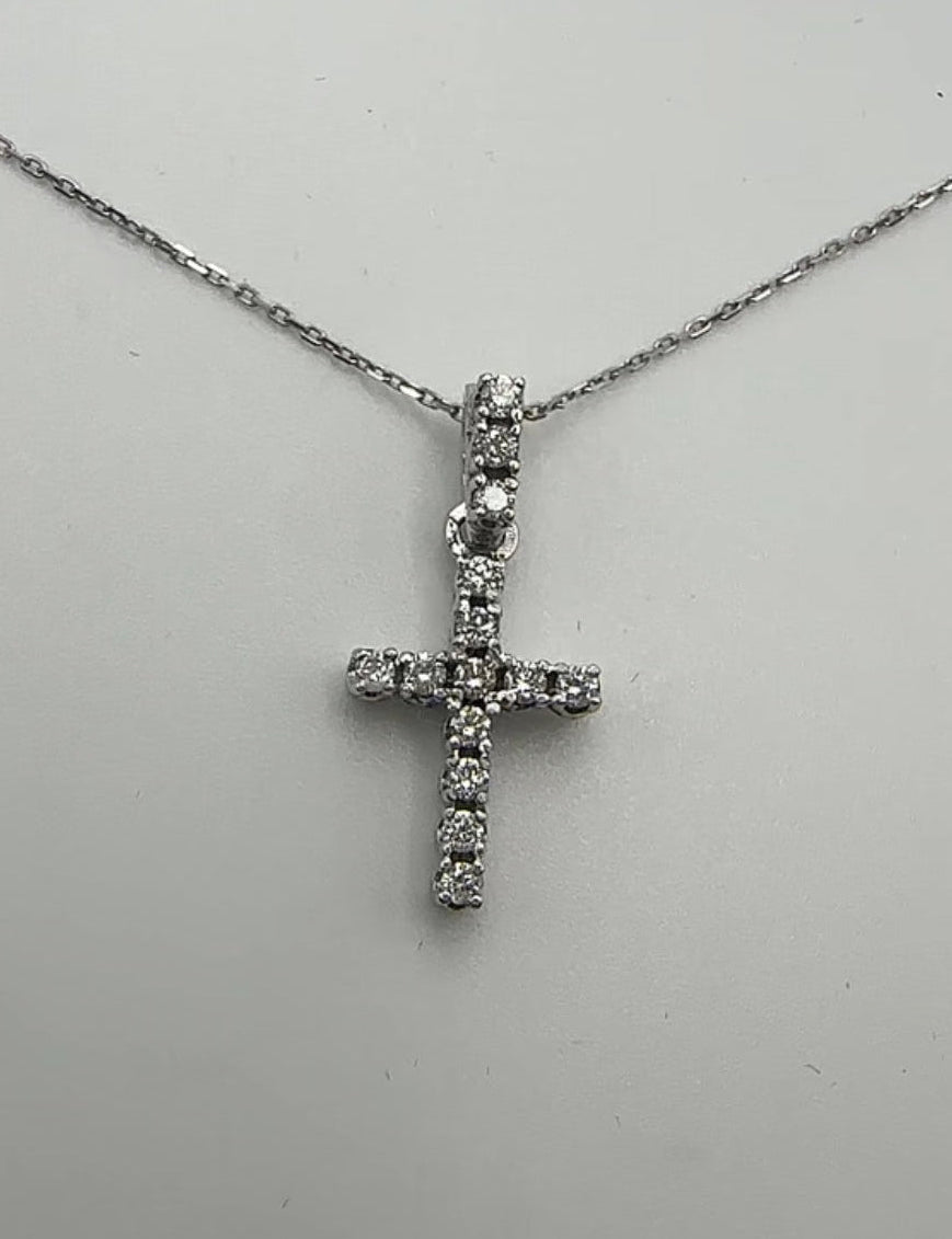 Diamond Cross Pendant with Three Stones on Shank - 14k White Gold - Natural Diamonds