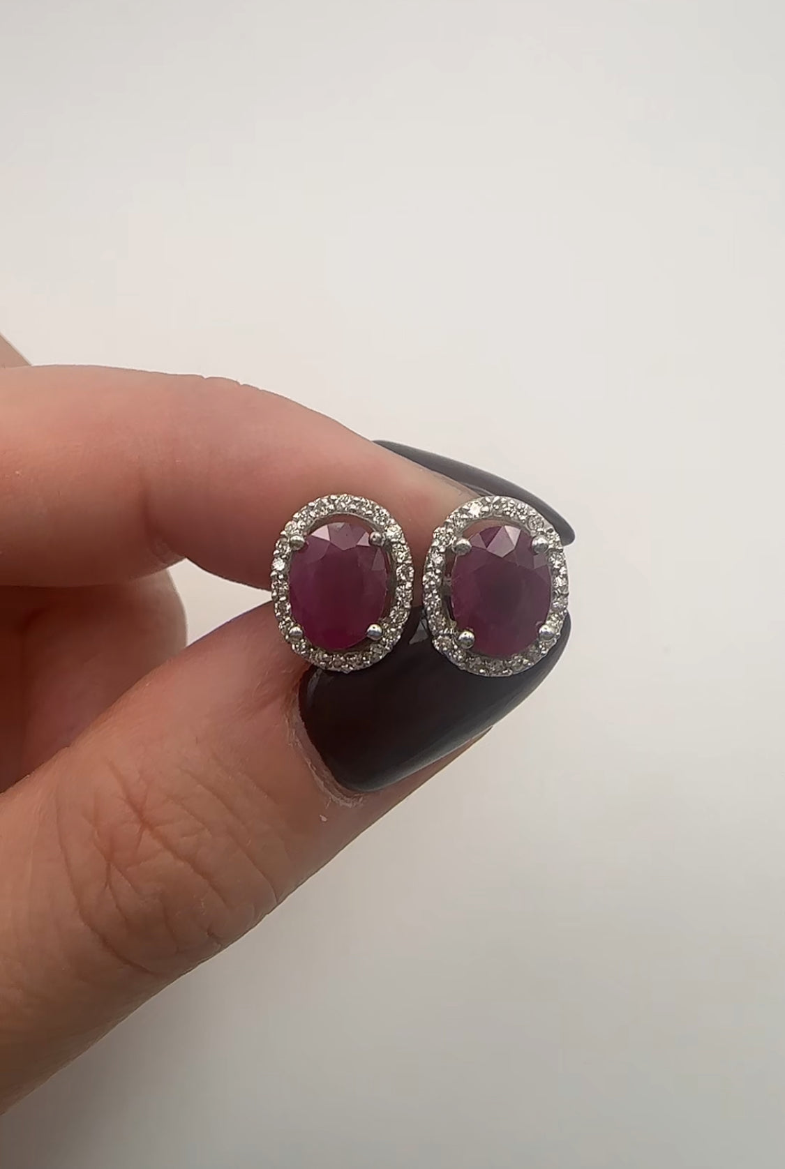 Oval Ruby Earrings with Natural Diamond Halo 14k White Gold