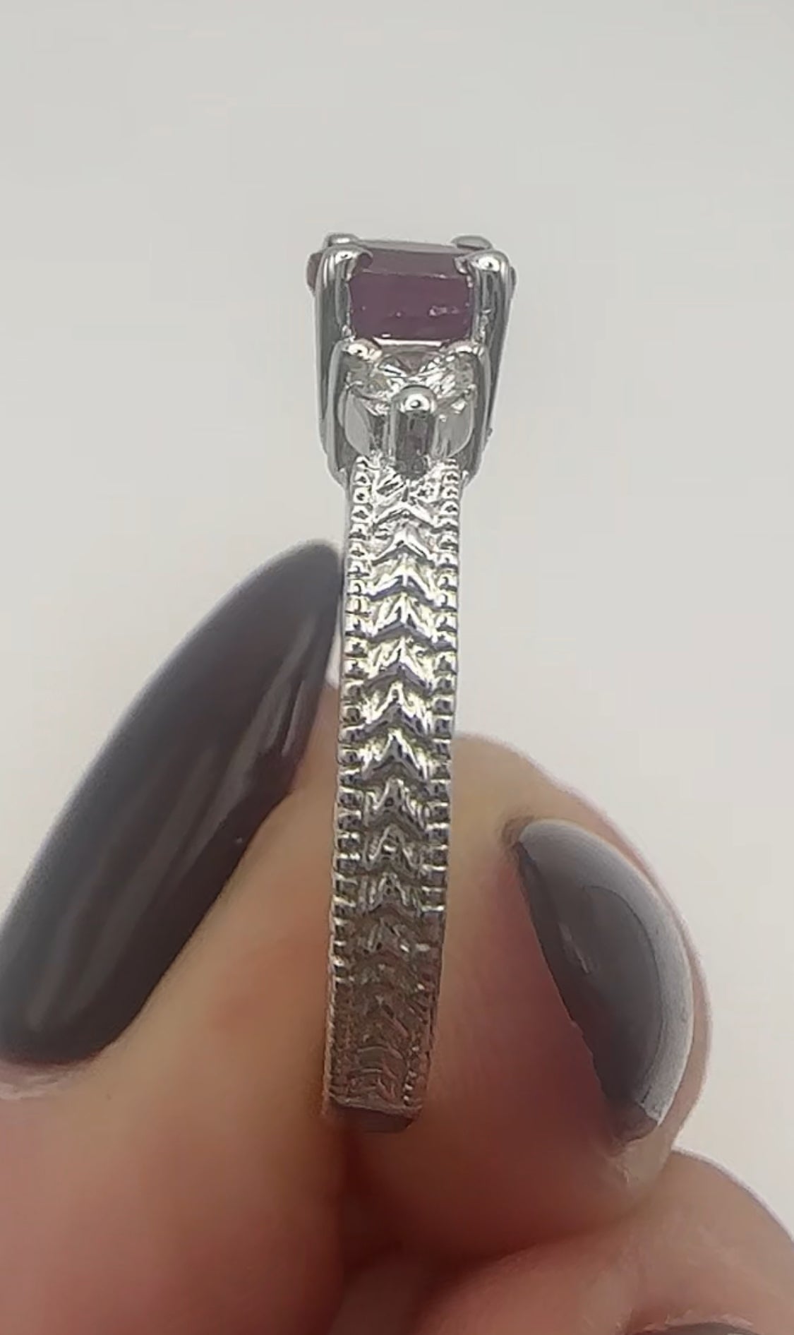 Simple Ruby and Diamond Three Stone Ring 14k White Gold