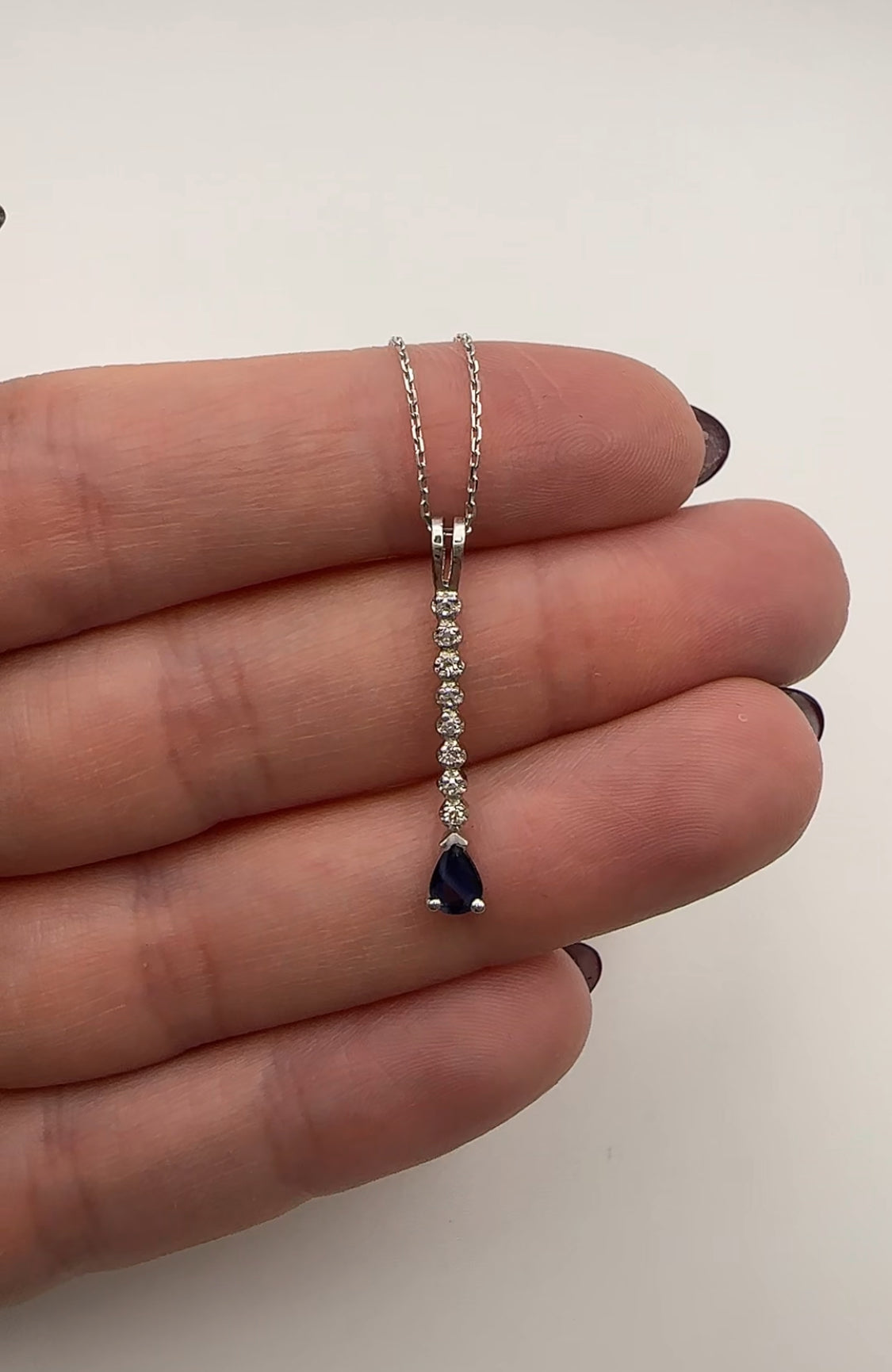 Vertical Diamond Necklace with Pear Sapphire Accent 14k White Gold