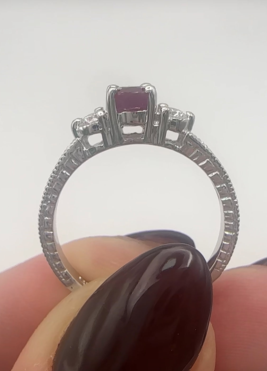 Simple Ruby and Diamond Three Stone Ring 14k White Gold