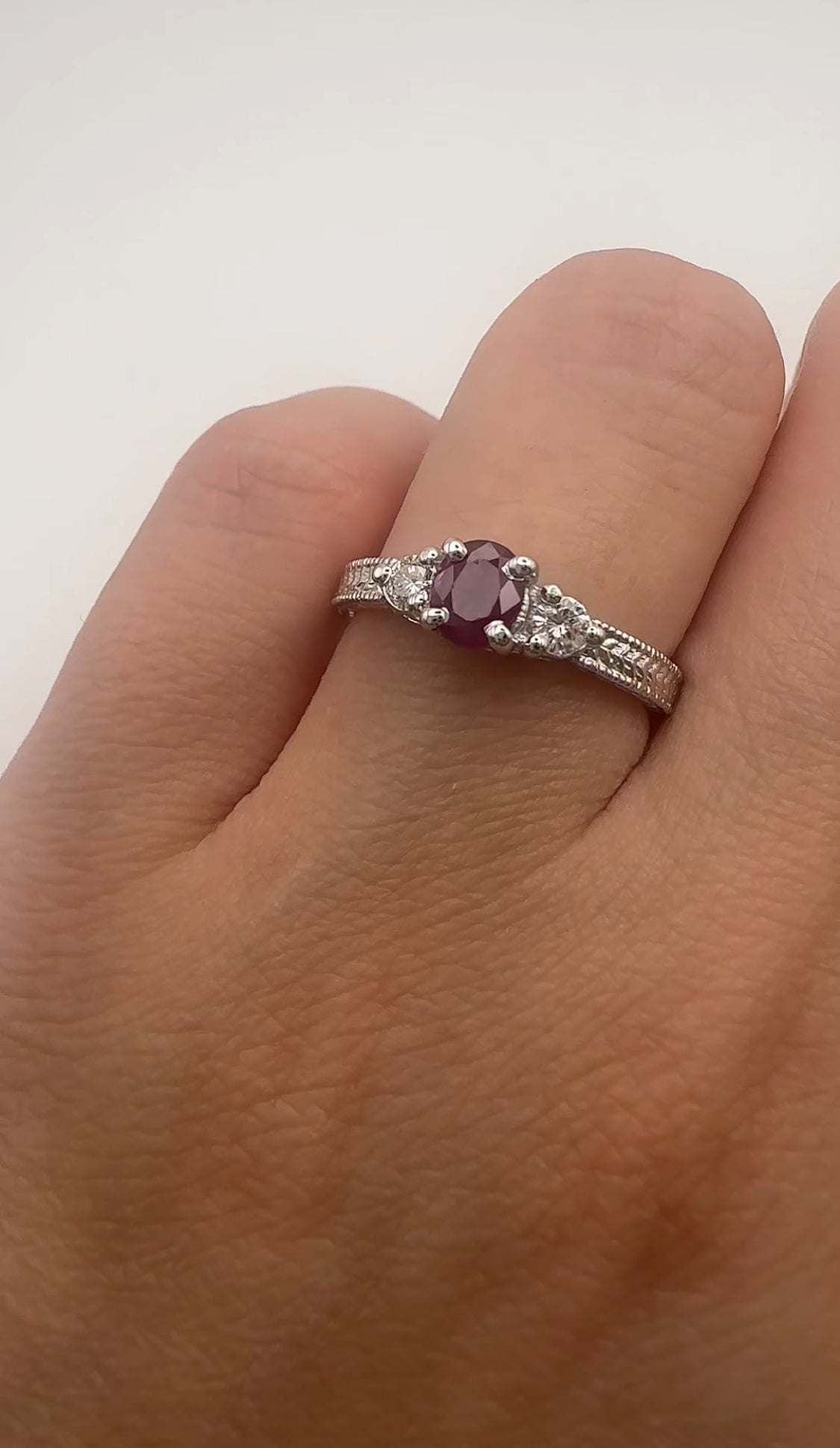 Simple Ruby and Diamond Three Stone Ring 14k White Gold