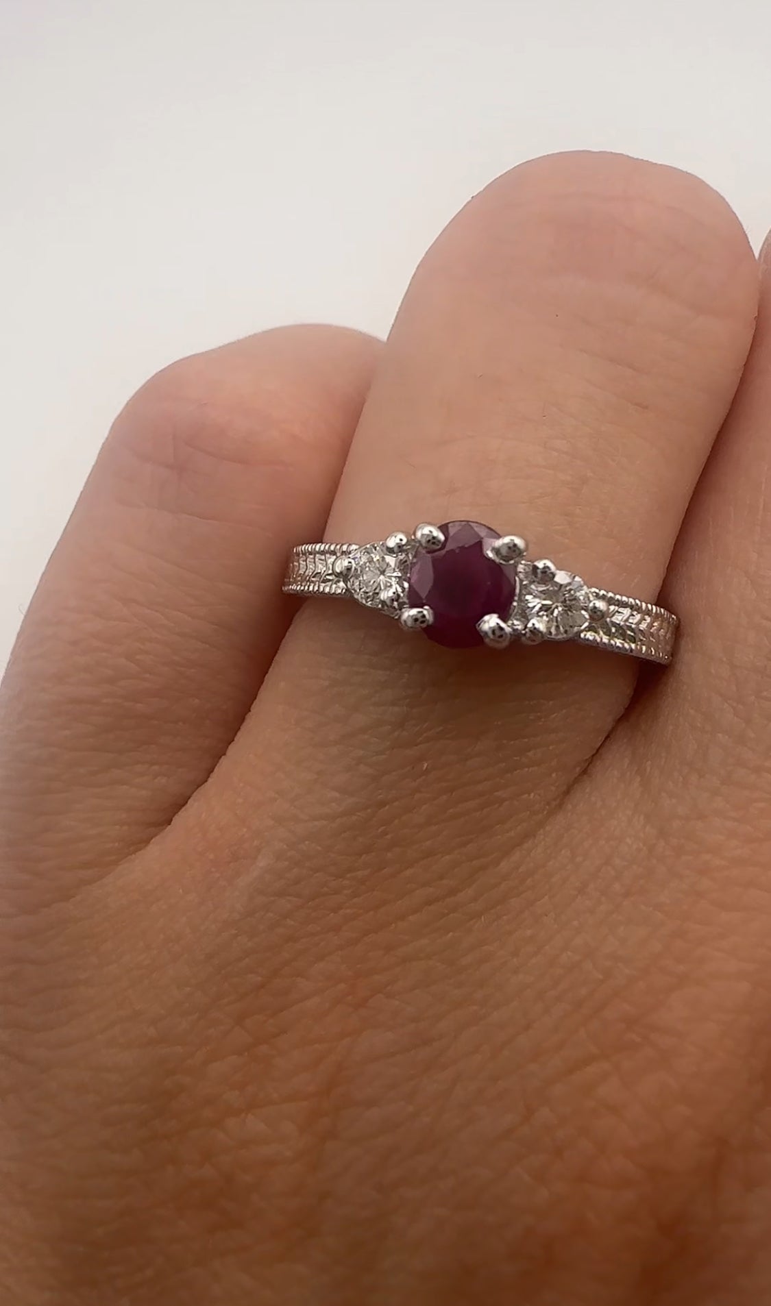 Simple Ruby and Diamond Three Stone Ring 14k White Gold