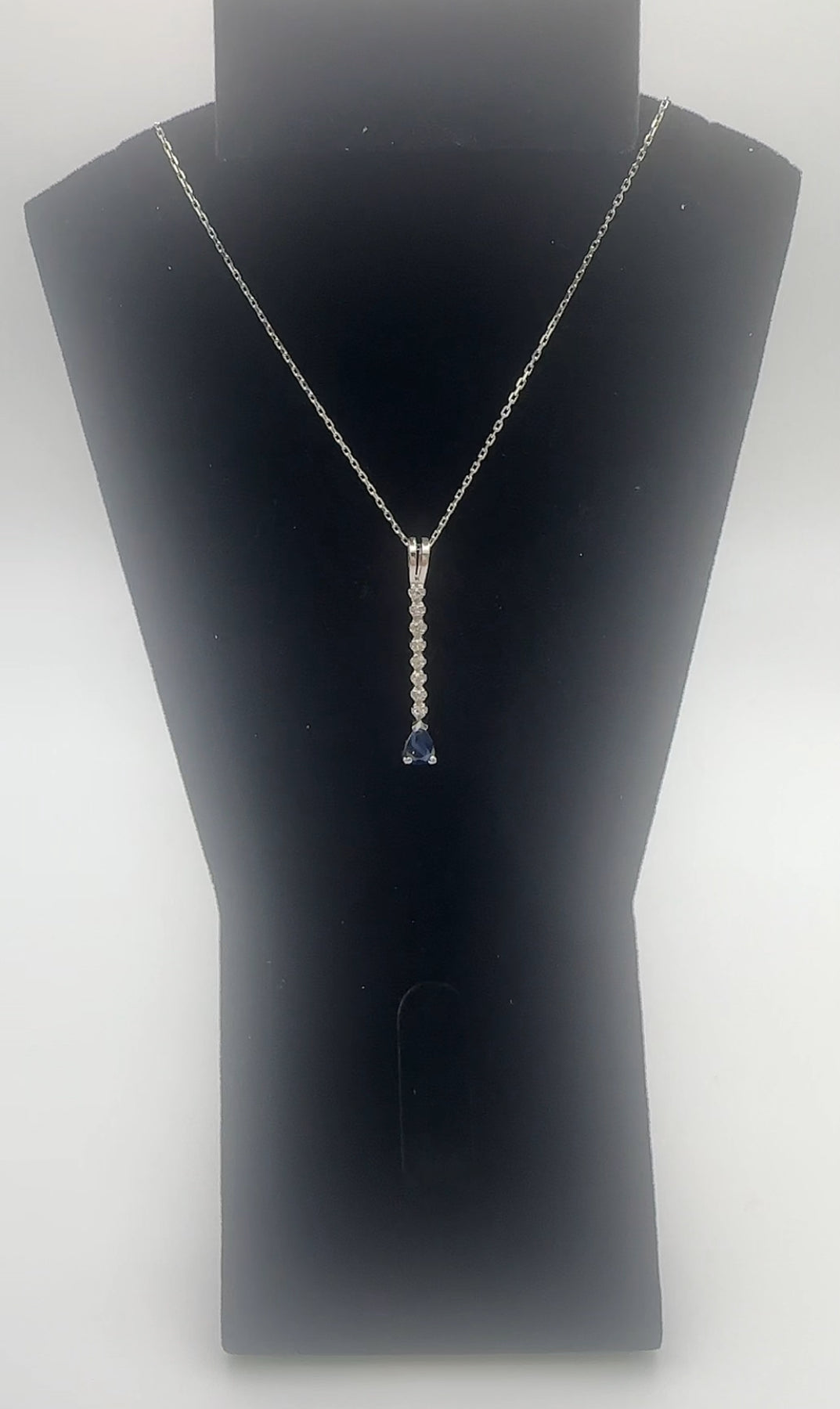 Vertical Diamond Necklace with Pear Sapphire Accent 14k White Gold