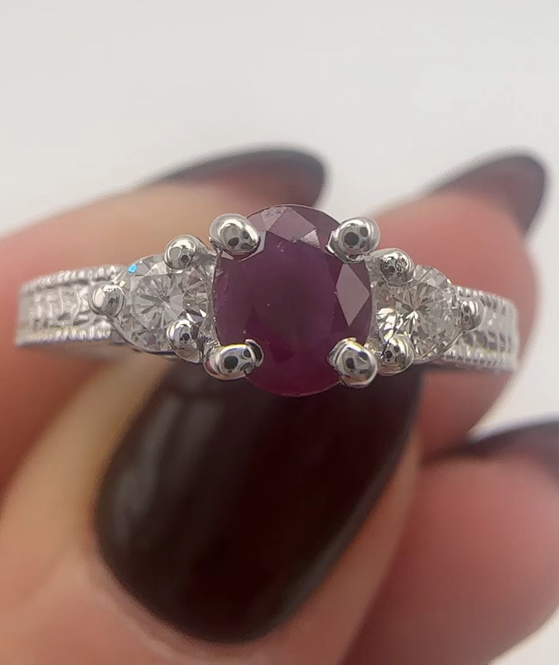 Simple Ruby and Diamond Three Stone Ring 14k White Gold