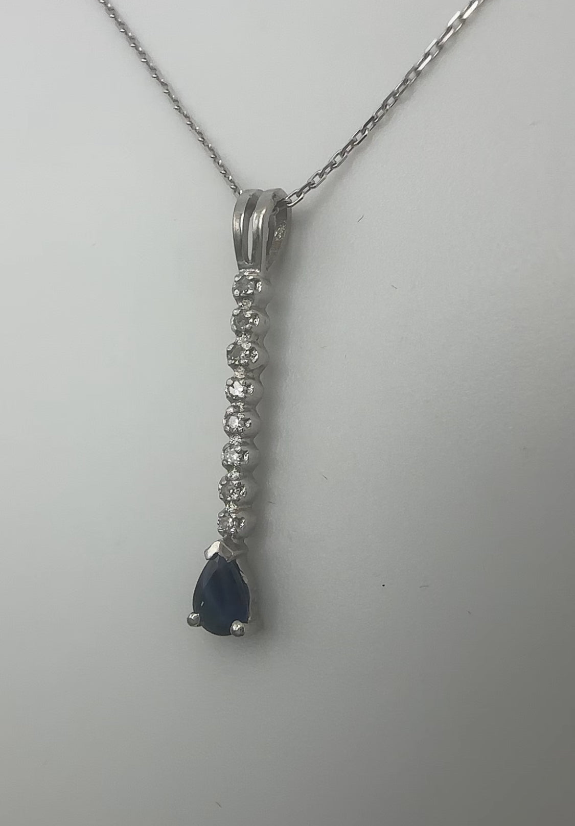 Vertical Diamond Necklace with Pear Sapphire Accent 14k White Gold