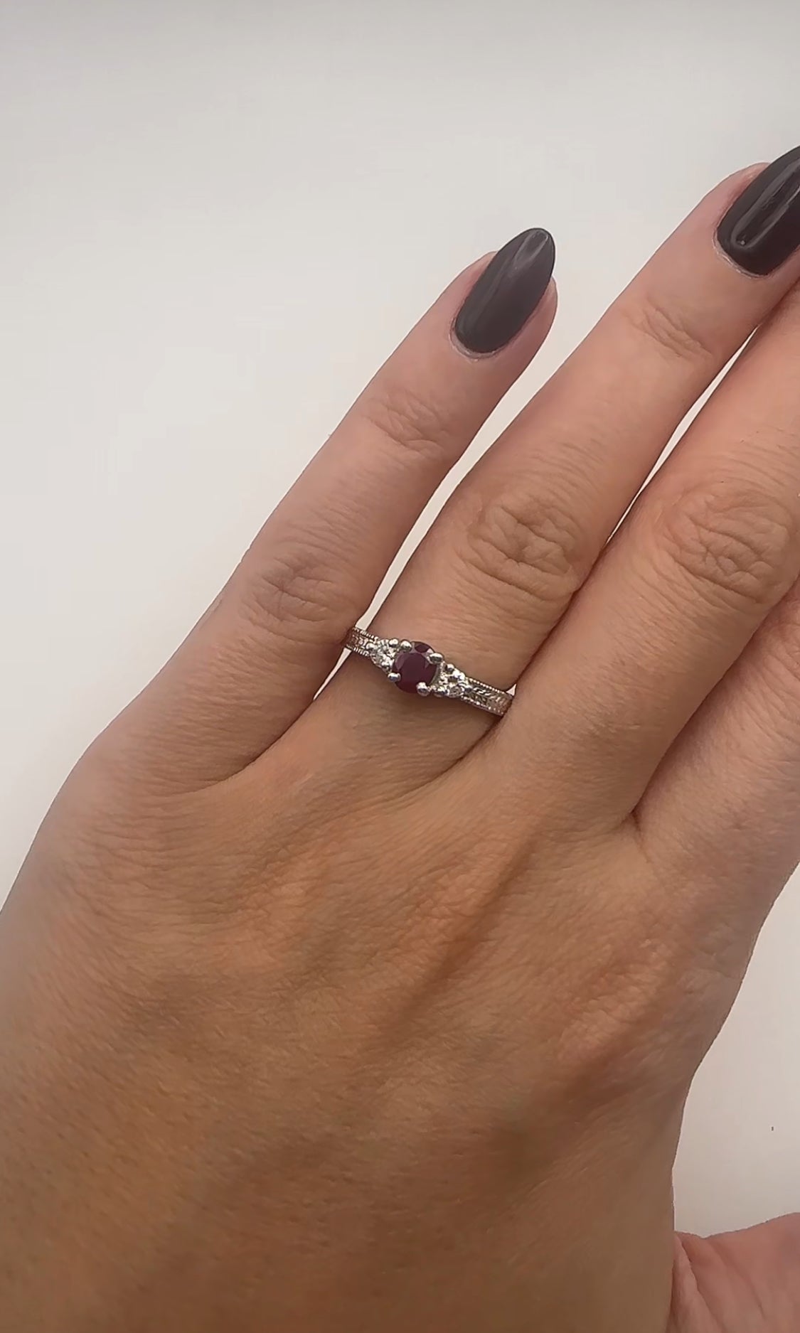 Simple Ruby and Diamond Three Stone Ring 14k White Gold