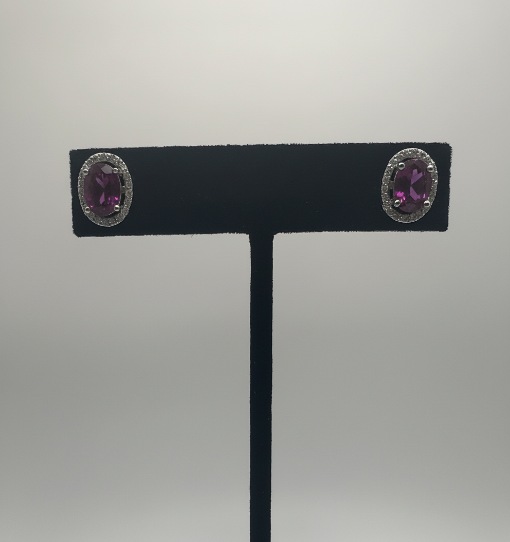 Oval Ruby Earrings with Natural Diamond Halo 14k White Gold