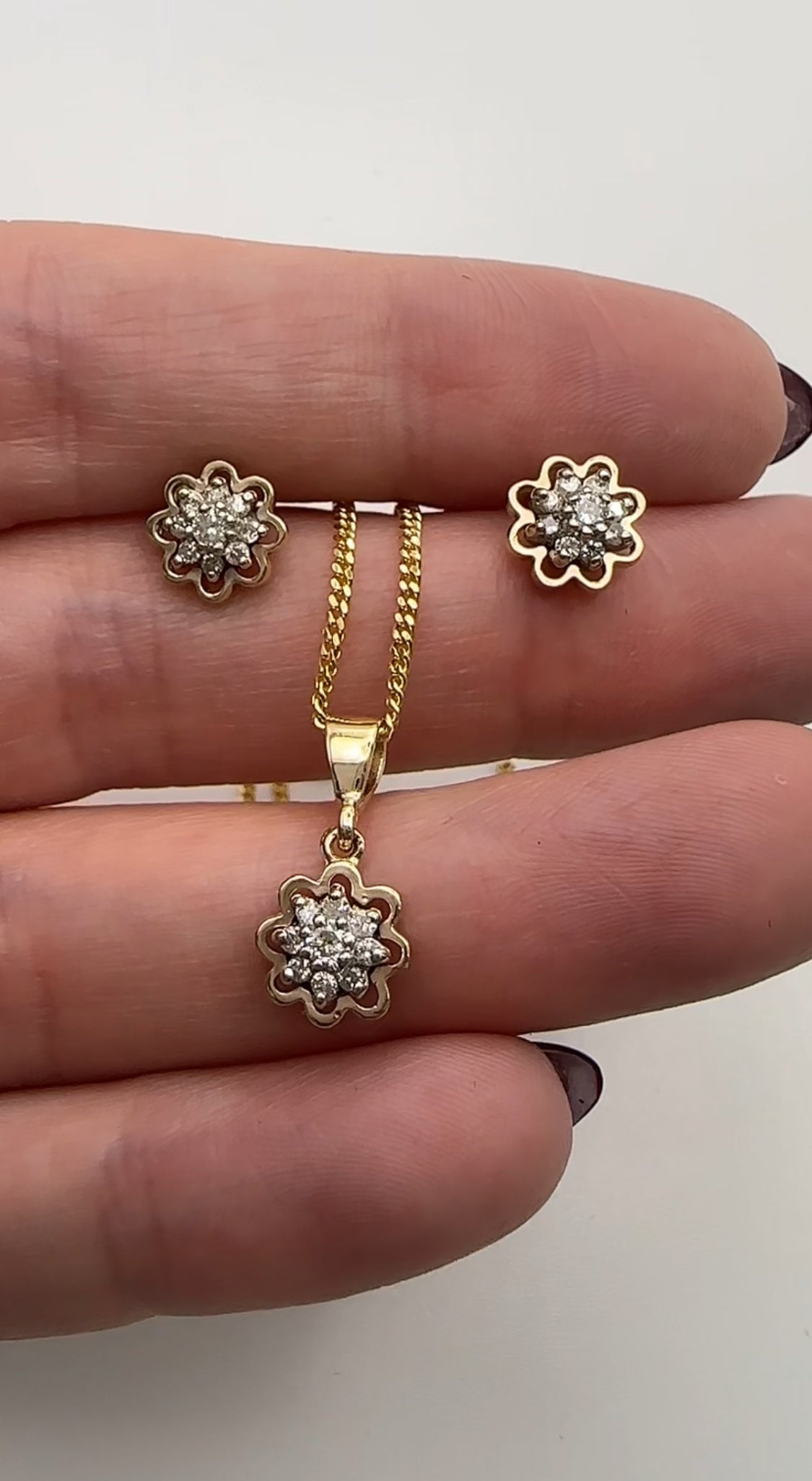 Yellow Gold Diamond Flower Earring and Necklace Set