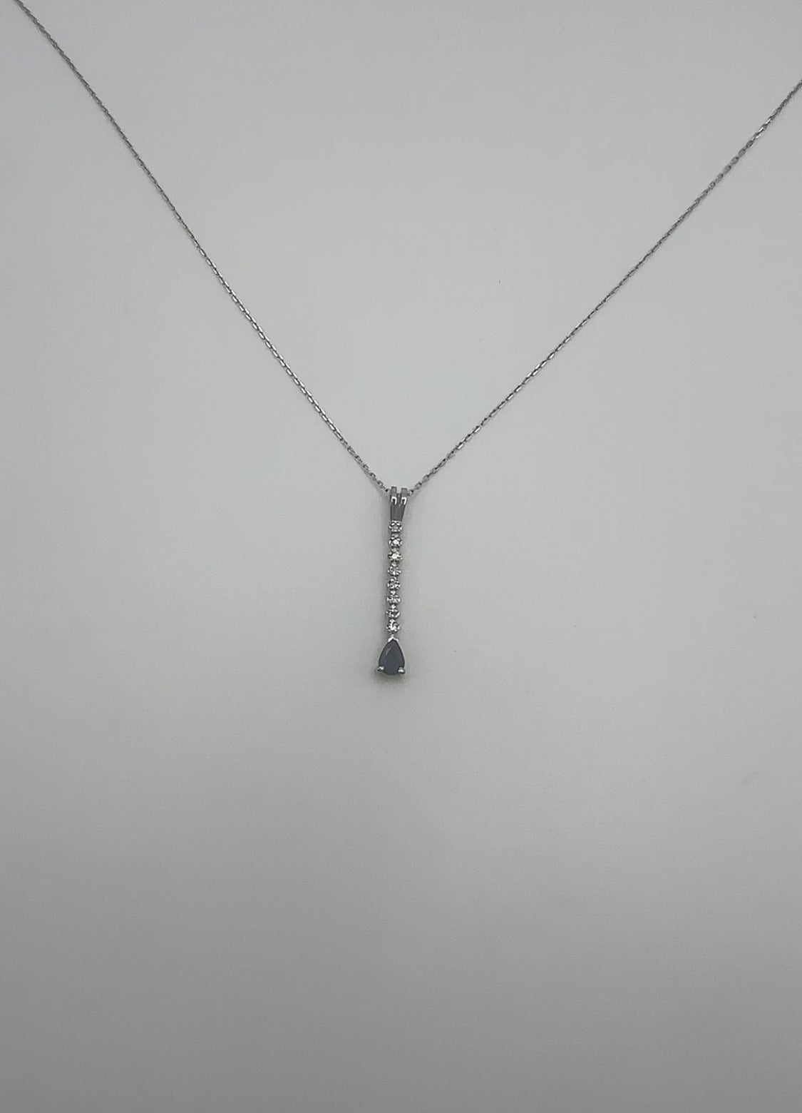 Vertical Diamond Necklace with Pear Sapphire Accent 14k White Gold