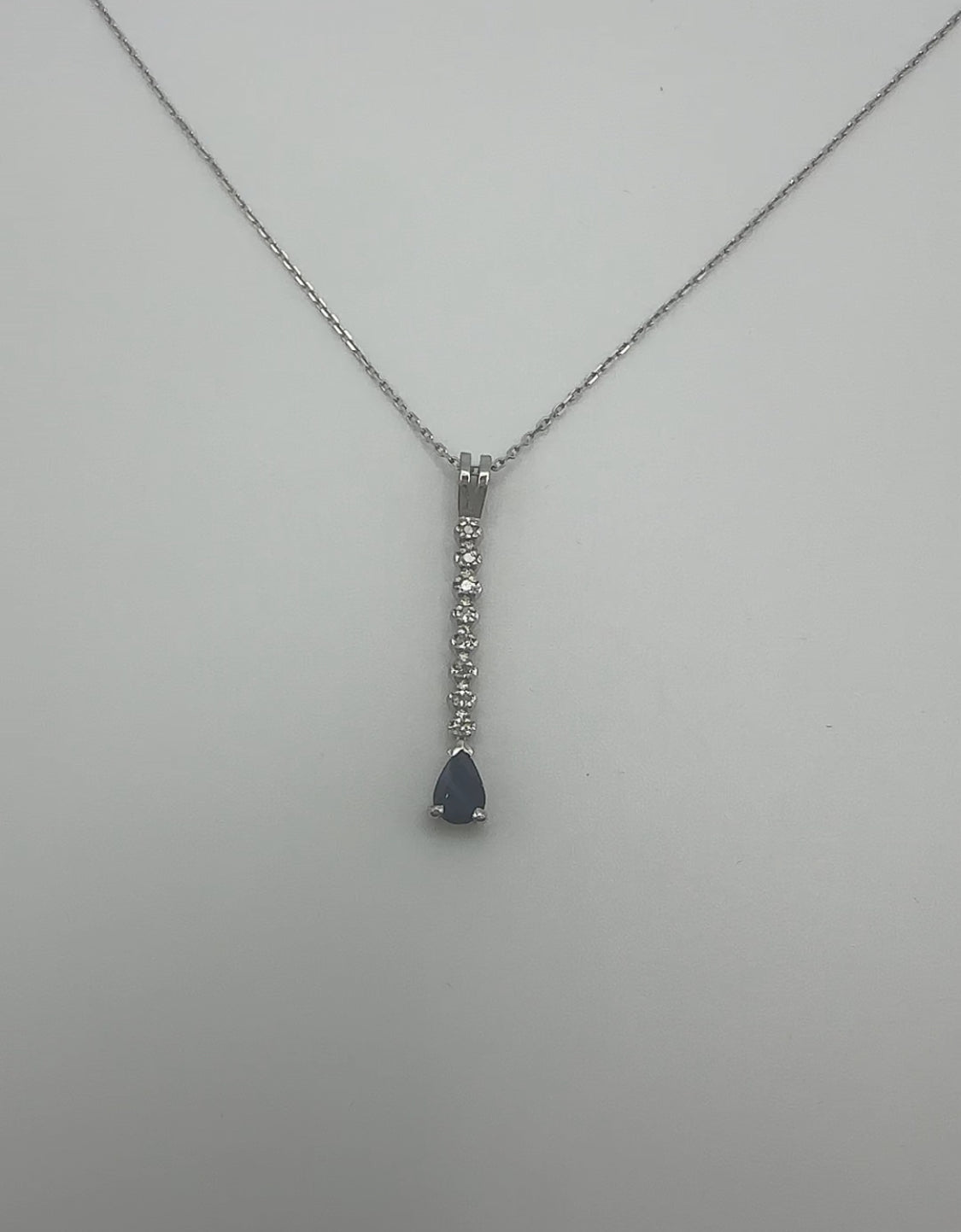 Vertical Diamond Necklace with Pear Sapphire Accent 14k White Gold