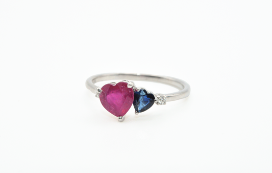 Solid White Gold Double Heart Ring in Blue Sapphire and Ruby