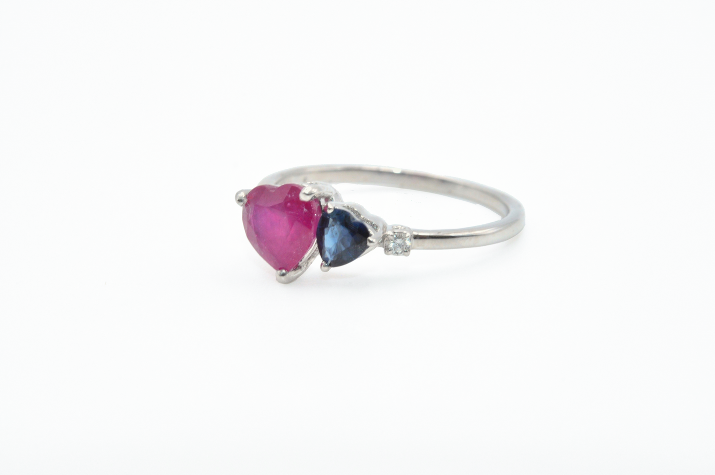 Solid White Gold Double Heart Ring in Blue Sapphire and Ruby