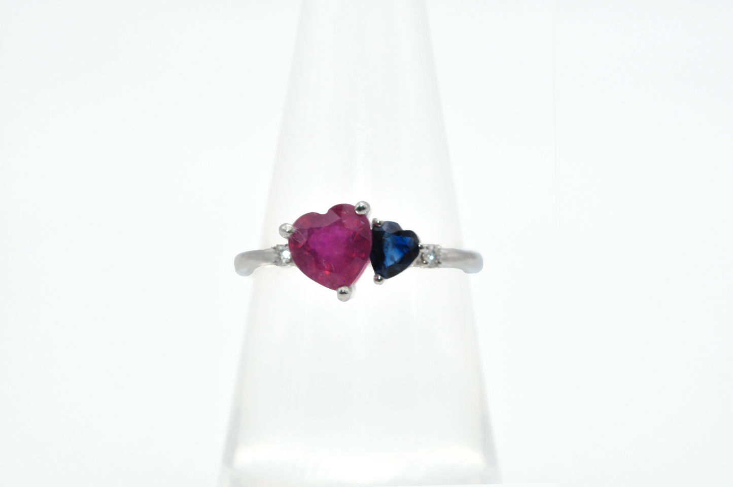 Solid White Gold Double Heart Ring in Blue Sapphire and Ruby