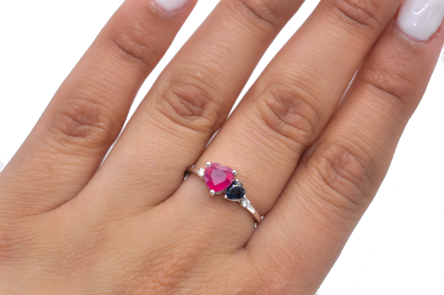 Solid White Gold Double Heart Ring in Blue Sapphire and Ruby