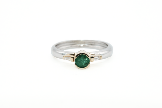 White Gold Emerald Ring with Yellow Gold Accents and Diamond Baguettes