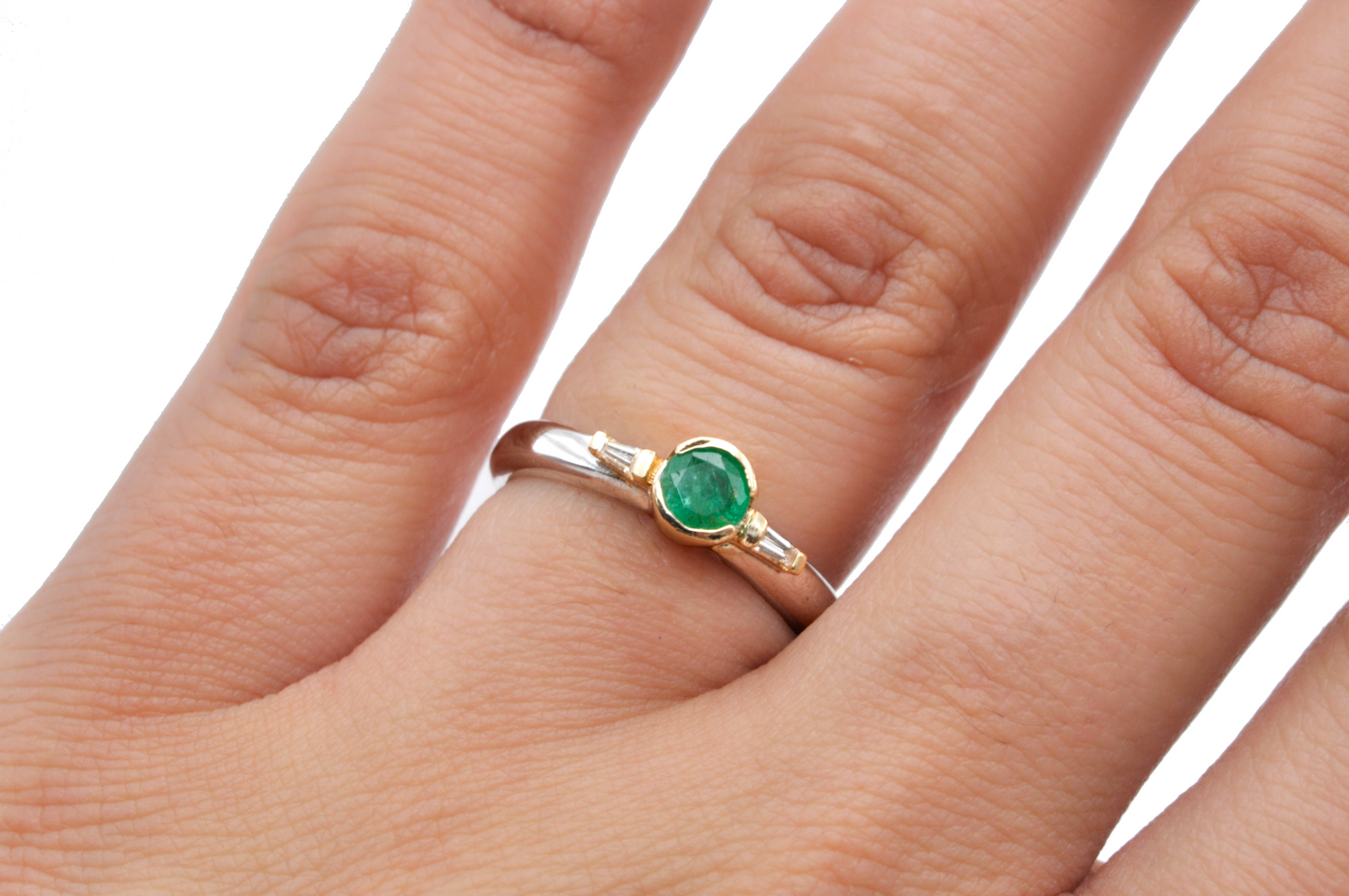 White Gold Emerald Ring with Yellow Gold Accents and Diamond Baguettes