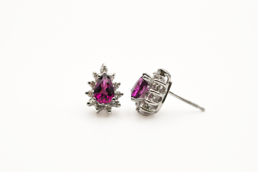 White Gold Pear Shaped Rhodolite Stud Earrings with a Diamond Halo