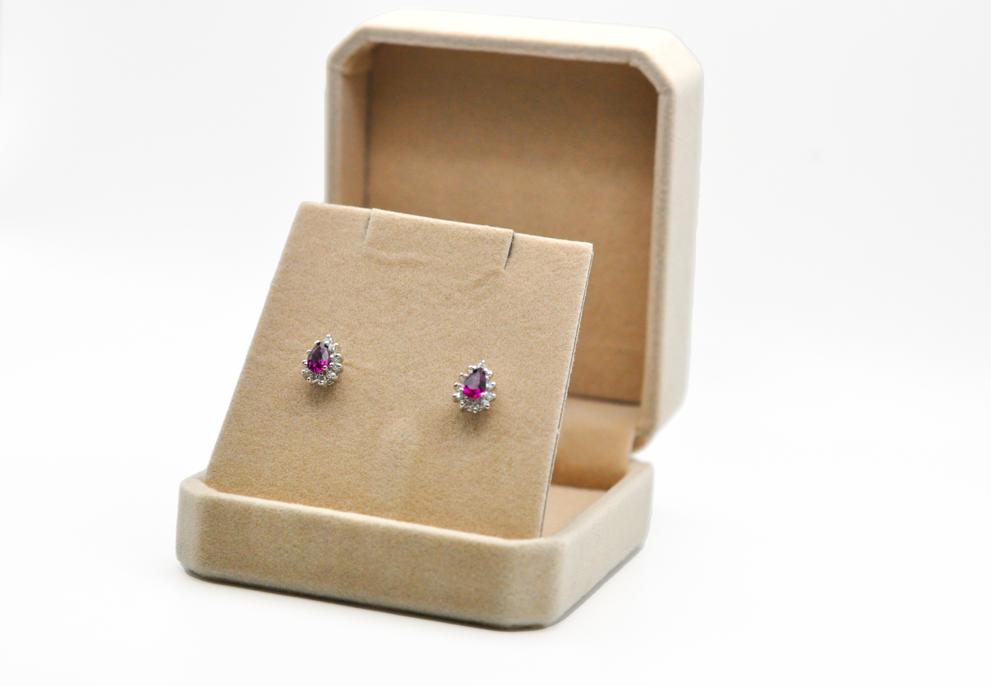 White Gold Pear Shaped Rhodolite Stud Earrings with a Diamond Halo
