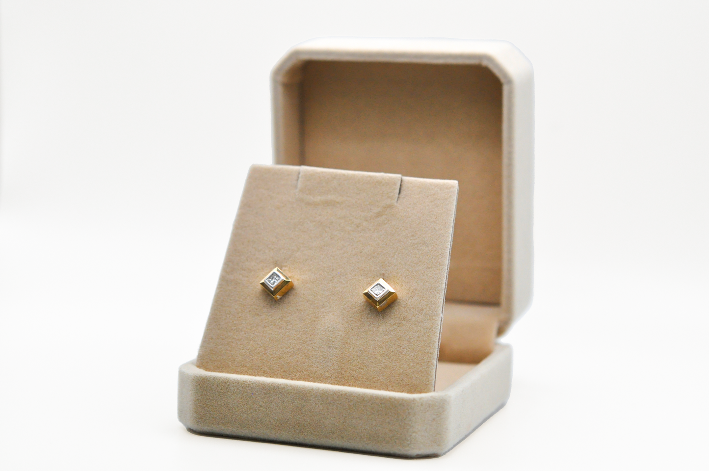 Yellow Gold Square Shaped Stud Earrings with a Diamond Center Stone