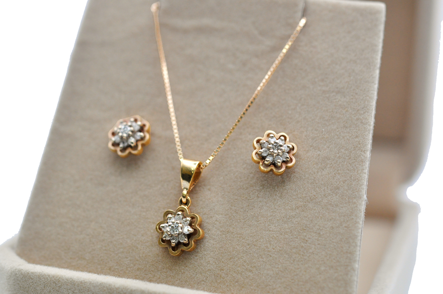 Yellow Gold Diamond Flower Earring and Necklace Set