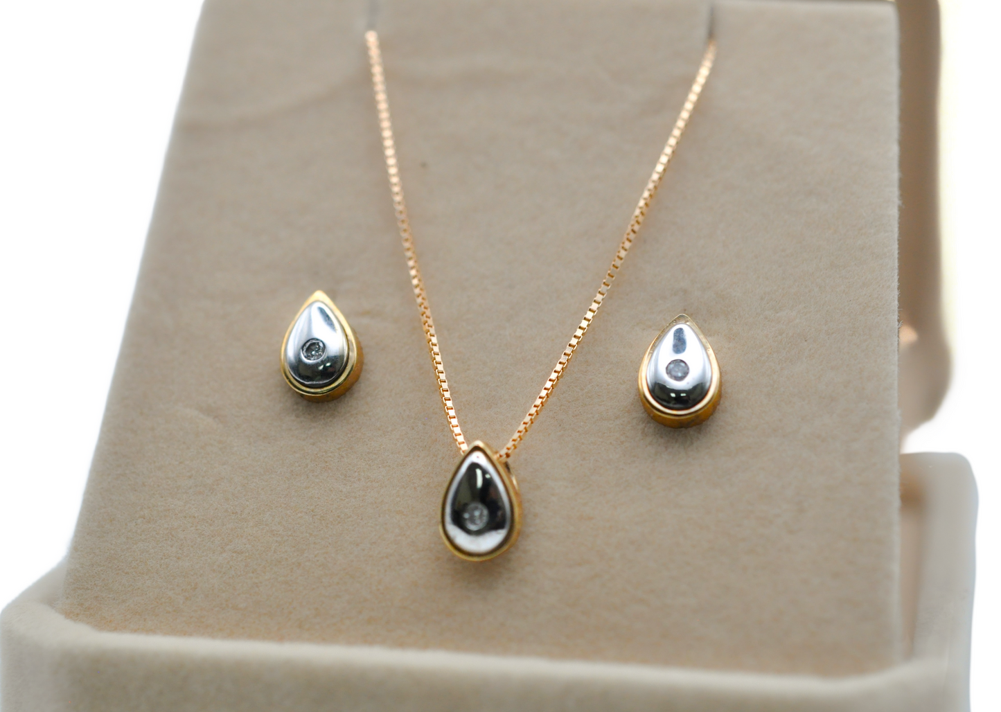 White and Yellow Gold Pear Shaped Earring and Necklace Set with Diamond Accents