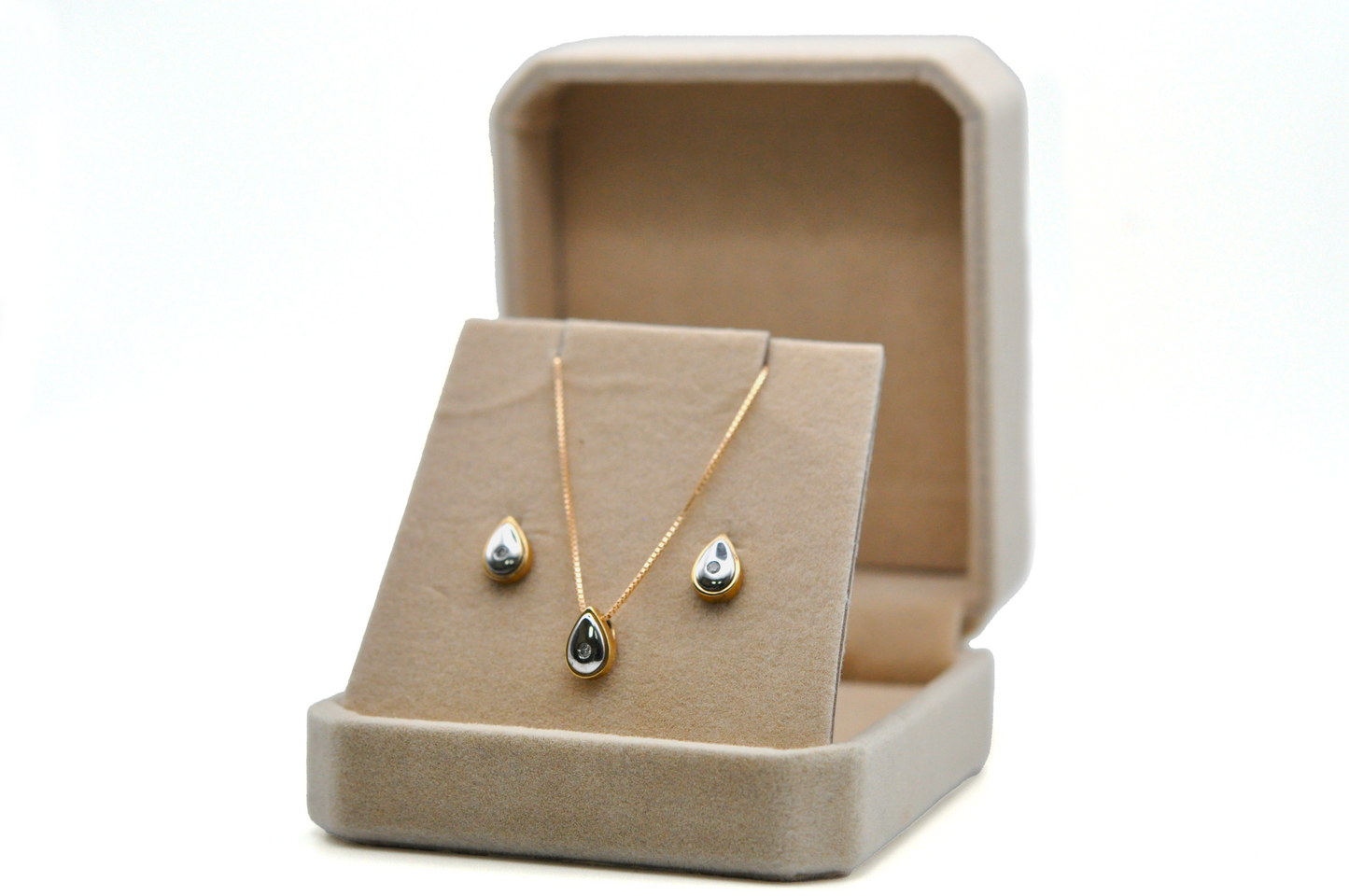 White and Yellow Gold Pear Shaped Earring and Necklace Set with Diamond Accents