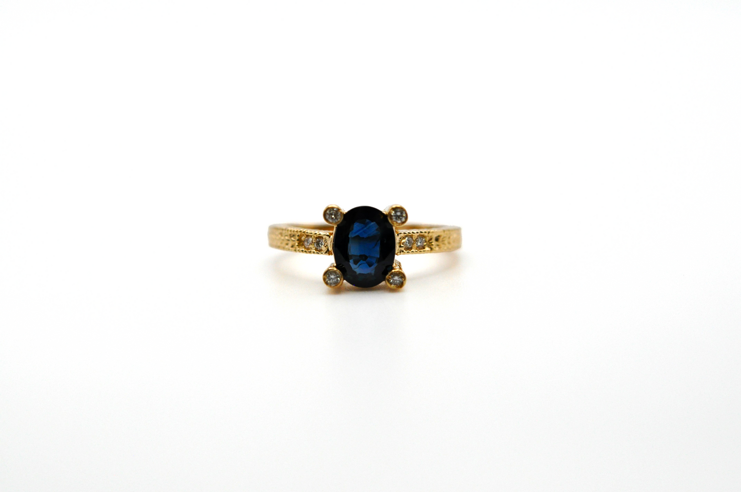 Vintage Yellow Gold Blue Sapphire Ring with Diamond Accents