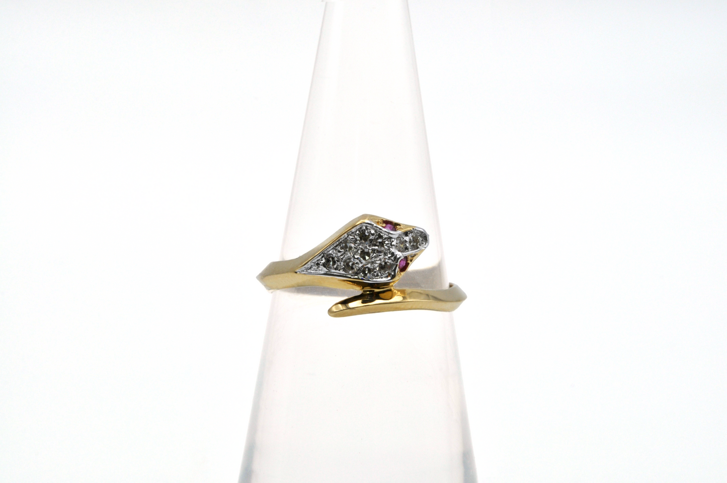 Yellow Gold Snake Ring with Diamond and Ruby Accents