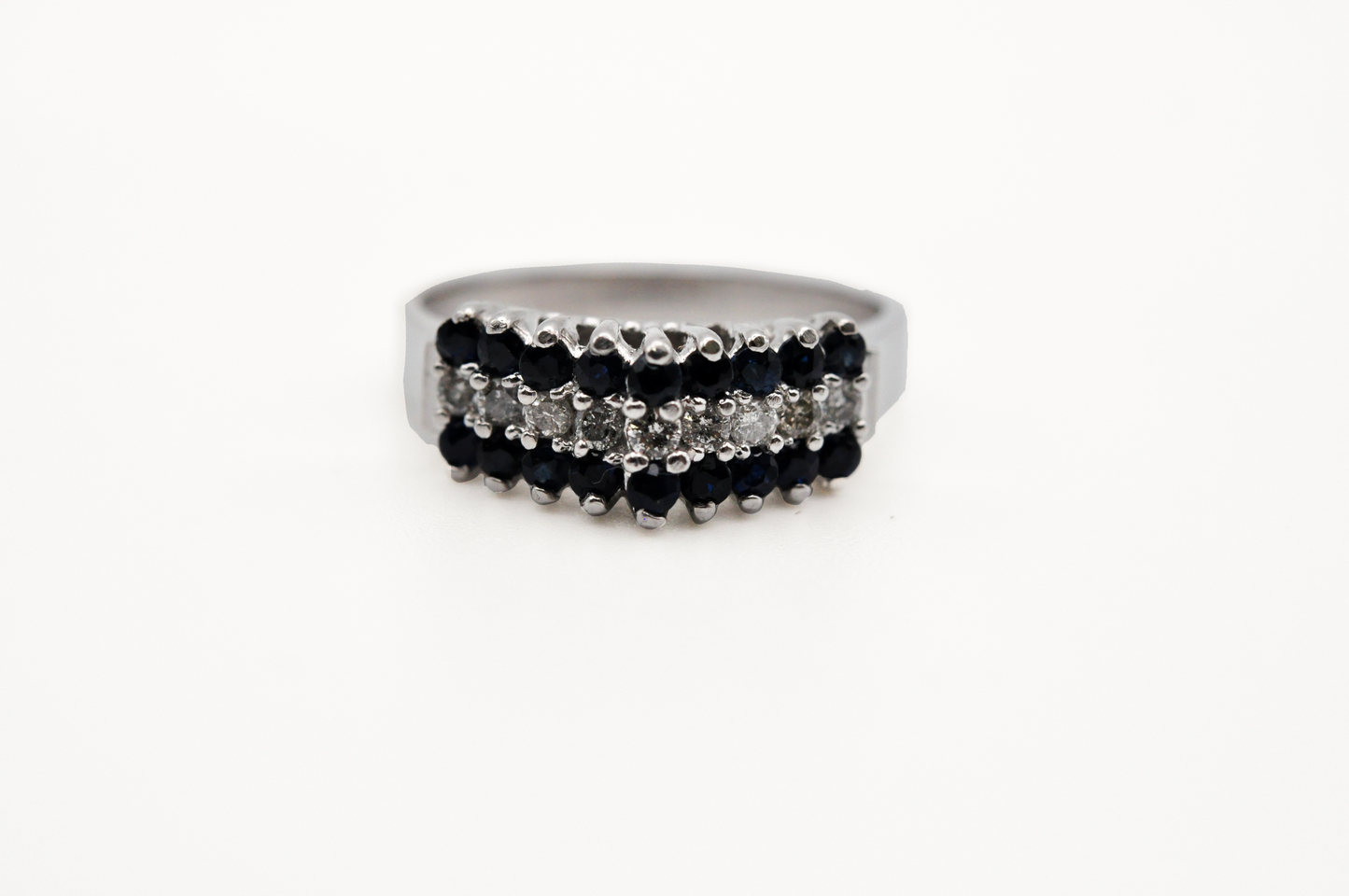 White Gold Fancy Ring with Rows of Diamonds and Blue Sapphire
