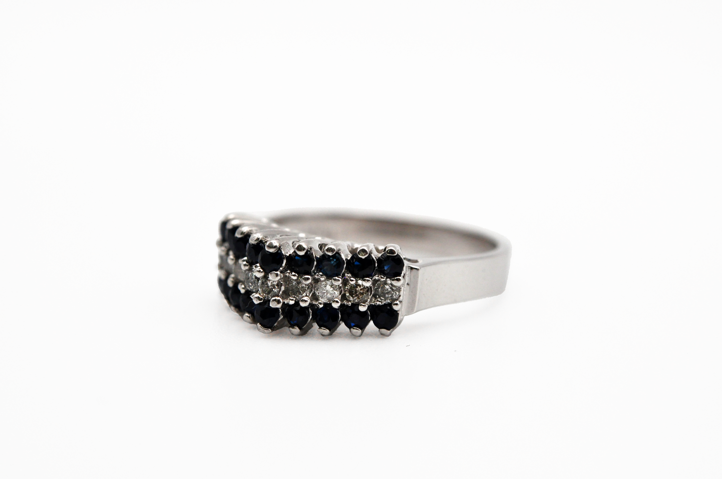 White Gold Fancy Ring with Rows of Diamonds and Blue Sapphire
