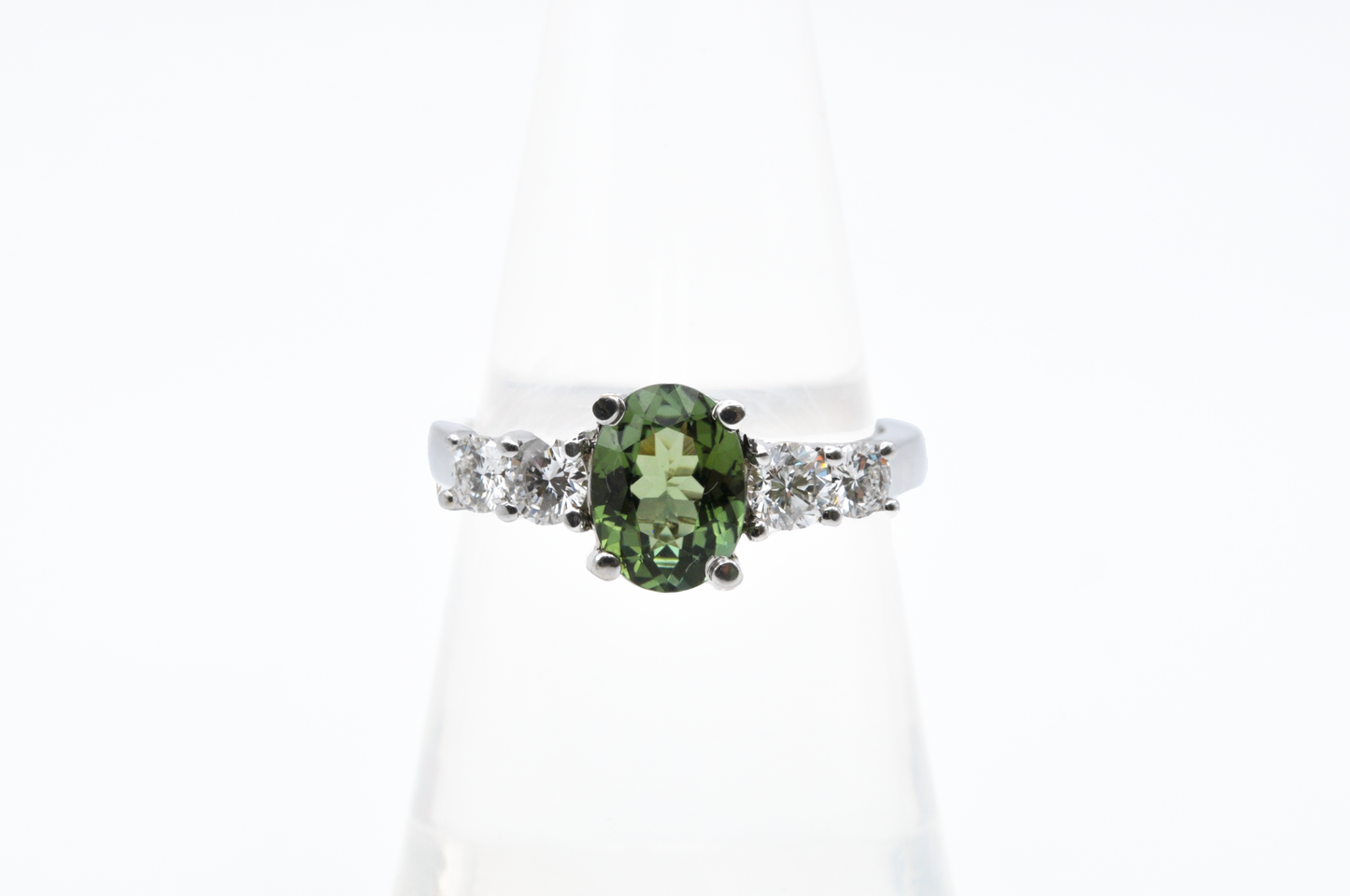 White Gold Green Sapphire Ring with Diamonds Side Stones