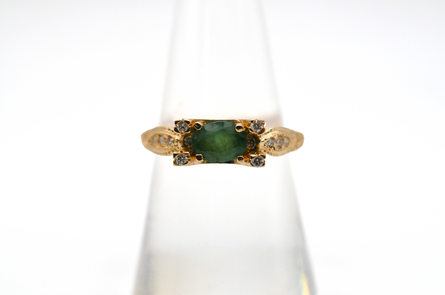 Unique Yellow Gold Vintage Oval Emerald Ring with Diamond Accents