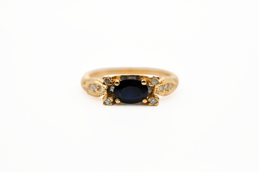 Yellow Gold Vintage Blue Sapphire Ring with Diamond Accents