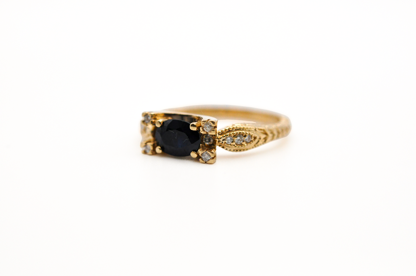 Yellow Gold Vintage Blue Sapphire Ring with Diamond Accents