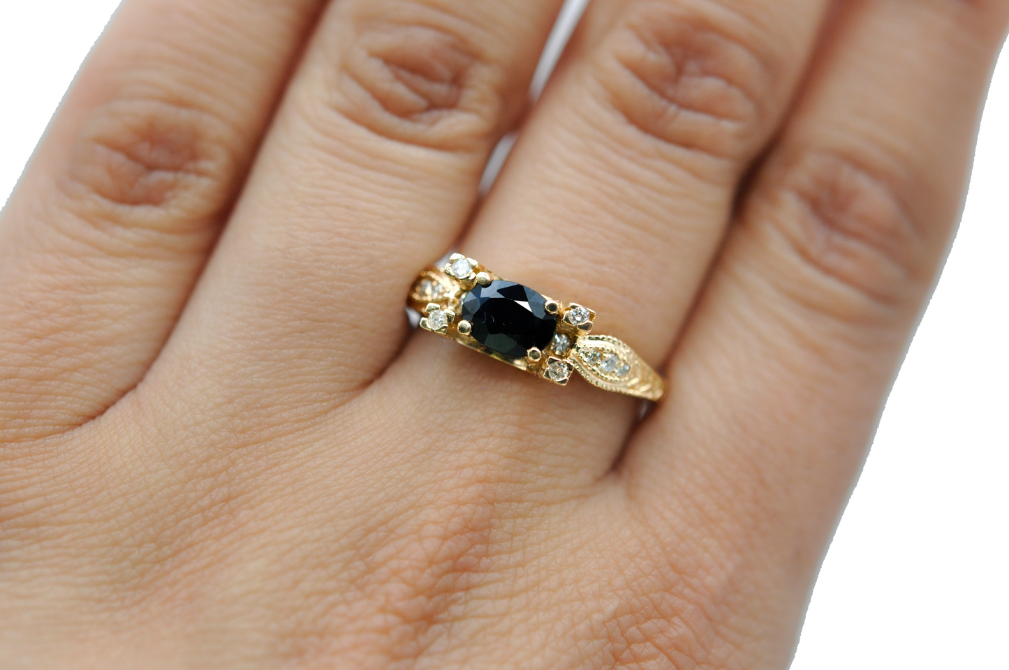 Yellow Gold Vintage Blue Sapphire Ring with Diamond Accents