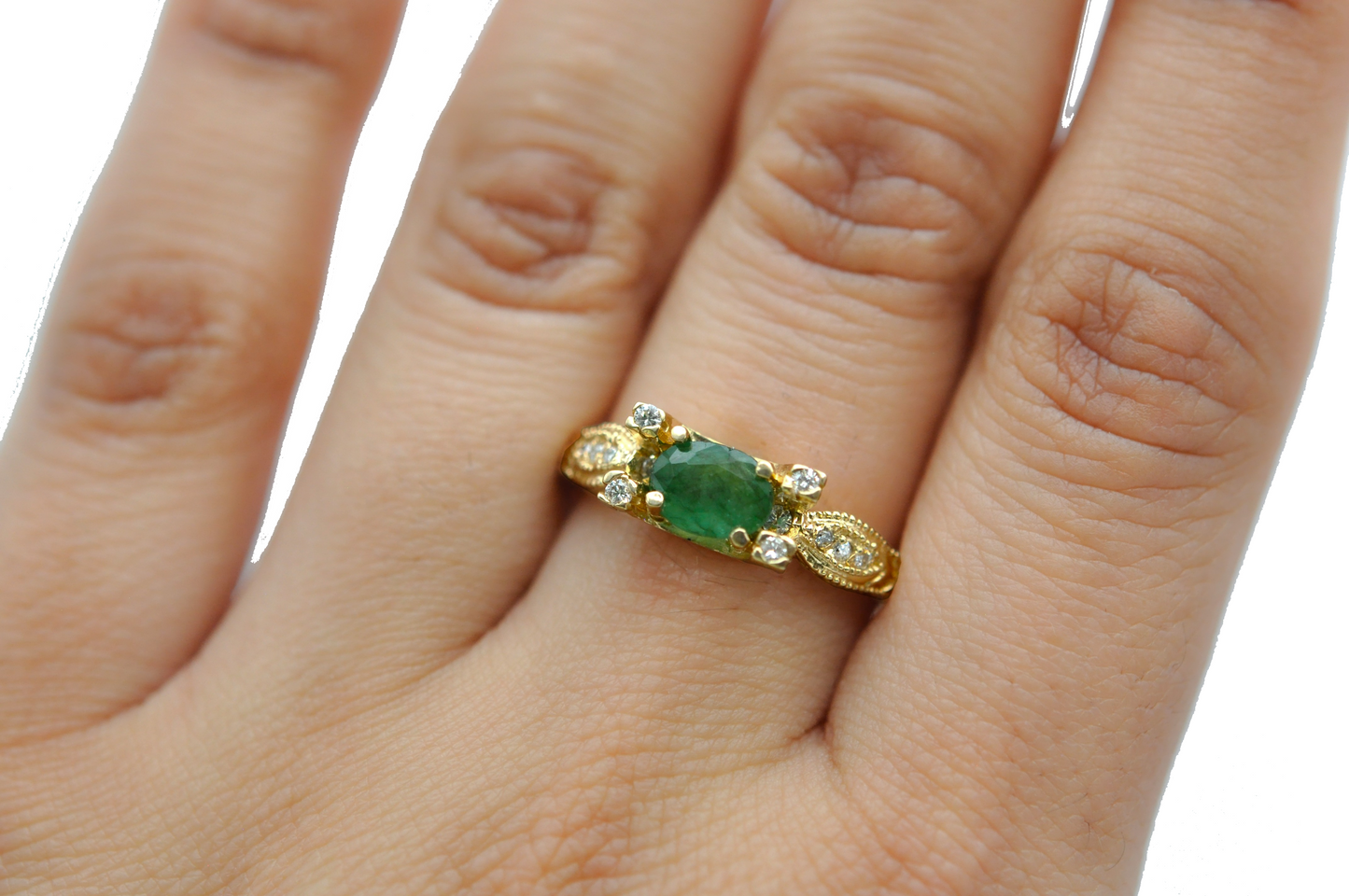 Unique Yellow Gold Vintage Oval Emerald Ring with Diamond Accents