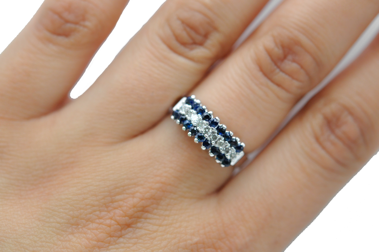 White Gold Fancy Ring with Rows of Diamonds and Blue Sapphire