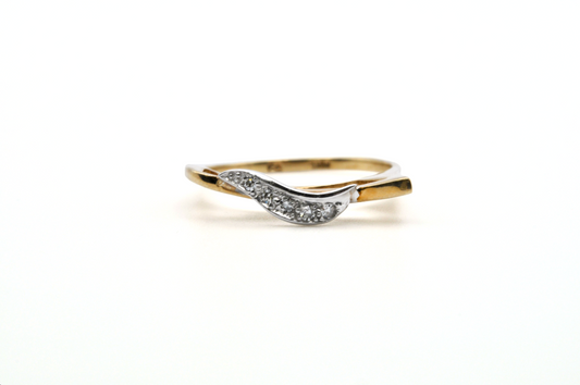 Unique Abstract Yellow Gold Ring with White Gold and Diamond Swirl.