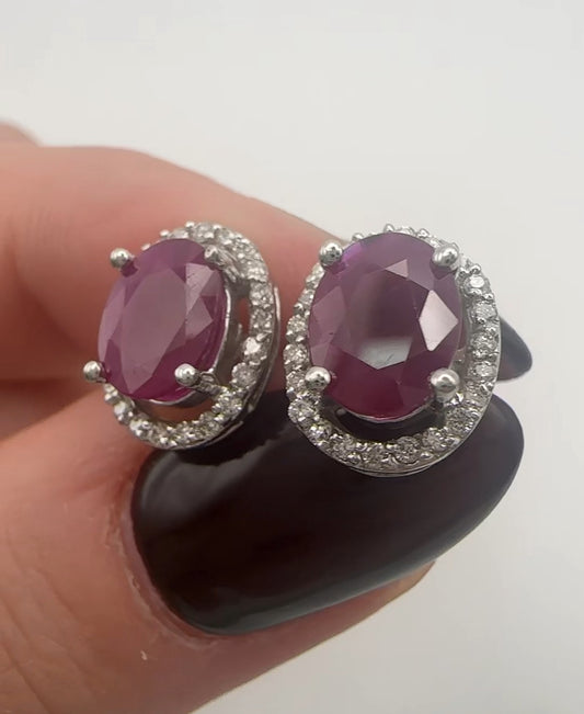 Oval Ruby Earrings with Natural Diamond Halo 14k White Gold